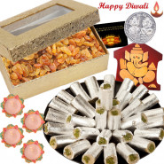 Crispy Nuts - Raisin 200 gms, Kaju Pista Roll 250 gms, Ganesha Wooden Slab with 4 Diyas and Laxmi-Ganesha Coin