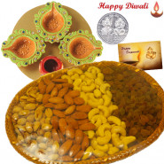 Crunchy Delight - Assorted Dryfruits Basket 400 gms, 4 Diyas on Tray with Laxmi-Ganesha Coin