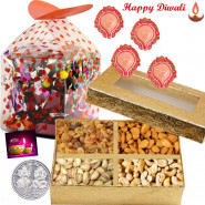 Crunchy Hamper- Assorted DryFruits 400 gms, Assorted Chocolates 100 gms with 4 Diyas and Laxmi-Ganesha Coin