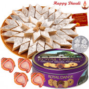 Deep Combo - Kaju Katli 250 gms, Danish Butter Cookies with 4 Diyas and Laxmi-Ganesha Coin