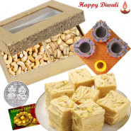 Deepavali Dryfruits - Cashew Pista 200 gms, Soan Papdi 250 gms, 4 Diyas on Tray with Laxmi-Ganesha Coin