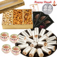 Delicious Present - Kaju Anjeer Roll 250 gms, Assorted Dryfruits 200 gms, 3 Bournville with 4 Diyas and Laxmi-Ganesha Coin