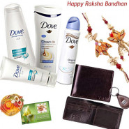 Delightful Hamper - Dove Shine Hamper + Slim Leather Wallet with Bhaiya Bhabhi Rakhi Pair and Roli-Chawal