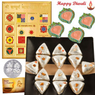 Dhanteras Combo - Sampurna Vyapar Vriddhi Yantra, Kaju Pan with 4 Diyas and Laxmi-Ganesha Coin
