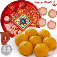 Dhanteras Gift - Meenakari Thali 6 inch, Motichoor Ladoo with 4 Diyas and Laxmi-Ganesha Coin