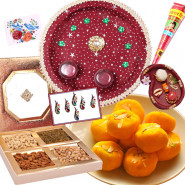 Delightful Gift Combo - Puja Thali (M), Kesar Penda 250 gms, Assorted Dryfruits, Roli Chawal, Bindi Packet, Mehndi Cone and Card