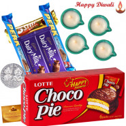 Diwali Chocolates - Chocopie, 5 Chocolate Bars with 4 Diyas and Laxmi-Ganesha Coin