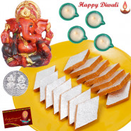 Diwali Shagun - Red Ganesha, Kaju Kesar Katli with 4 Diyas and Laxmi-Ganesha Coin