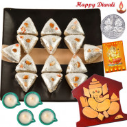 Diwali Sweet Treat - Kaju Pan 250 gms, 4 Diyas, Ganesha Wooden Slab, Laxmi-Ganesha Coin and Card