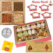 Diwali Dryfruits with Sweet - Assorted Dryfruits 200 gms, Kaju Mix 250 gms, 24 Carat Gold Plated Dhan Laxmi Varsha Note with 4 Diyas and Laxmi-Ganesha Coin