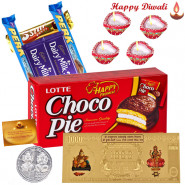 Diwali with Chocopie - Chocopie 330 gms, 5 Chocolate Bars, 24 Carat Gold Plated Dhan Laxmi Varsha Note with 4 Diyas and Laxmi-Ganesha Coin