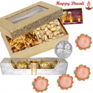 Dry Fruit Wonder - Walnut Pista  200 gms box, Ferrero Rocher 4 Pcs with 4 Diyas and Laxmi-Ganesha Coin