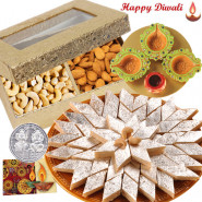 Dryfruit Mix Treat - Cashew Almond 200 gms, Kaju Katli 250 gms, 4 Diyas on Tray with Laxmi-Ganesha Coin