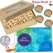 Dryfruits Box - Pista 200 gms, Celebration with 4 Diyas and Laxmi-Ganesha Coin