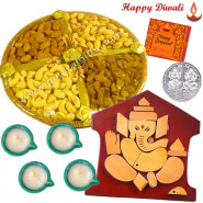 Elegant Puja Hamper - Ganesha Wooden Slab, Assorted Dry Fruit Basket with 4 Diyas and Laxmi-Ganesha Coin