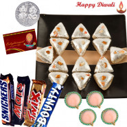 Elegant Sweets - Kaju Pan 250 gms, Snickers, Mars, Twix, Bounty with 4 Diyas and Laxmi-Ganesha Coin