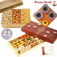 Exclusive Sweet Hamper - Kaju Mix 250 gms, Assorted Dryfruits 200 gms, 4 Diyas on Tray, Silver Plated Coin and Card
