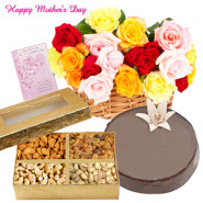 Flower Special - 25 Mix Roses in Basket, Assorted Dryfruits 400 gms, 1/2 Kg Chocolate Cake and Card