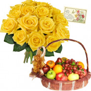 Flowers & Fruits - 12 Yellow Roses Bouquet, 3 Kg Fruits in Basket and Card
