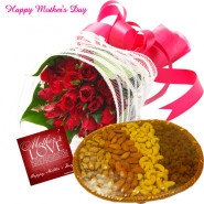 For Sweet Mom - 50 Red Roses Bunch, 200 gms Assoted Dry Fruits Basket and Card