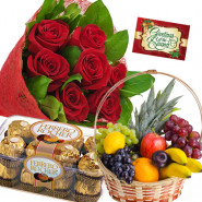 Fruits n Ferrero - 10 Red Roses Bouquet, Ferrero Rocher 16 pcs, 2 Kg Fruits in Basket and Card