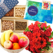 Fruitful Combo - 10 Red Mix Flowers Bouquet, 200 gms Assorted Dryfruits, Celebrations 160 gms, 1 Kg Seasonal Fruits Basket & Card