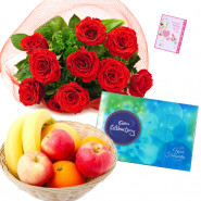 Fruity Chocolaty - 12 Red Roses Bouquet, Celebrations 160 gms, 1 kg Fruits in Basket and Card