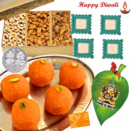 Full of Sweets - Boondi Laddoo 250 gms, Assorted Dryfruit 200 gms, Ganesha on Leaf with 4 Diyas and Laxmi-Ganesha Coin