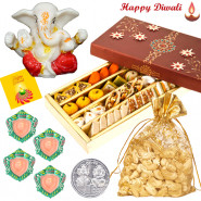 Ganesha Blessings - Kaju Mix 250 gms, Cashew 100 gms in Potali, Ganesh Idol with 4 Diyas and Laxmi-Ganesha Coin