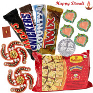 Grand Celebration - Haldiram Soan Papdi 250 gms, Snickers, Mars, Twix, Bounty, Decorative Swastika with 4 Diyas and Laxmi-Ganesha Coin