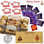 Hamper of Ferrero - Ferrero Rocher 16 pcs, 5 Dairy Milk Bars, 24 Carat Gold Plated Dhan Laxmi Varsha Note with 4 Diyas and Laxmi-Ganesha Coin