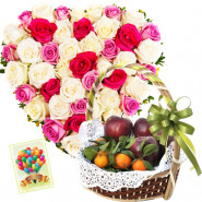 Hearty Fruit Combo - Heart Shaped Arrangement of 30 Roses, 2 Kg Mix Fruits in Basket and Card