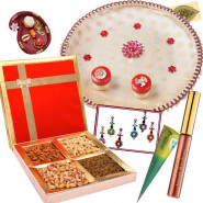 Just for Her - Puja Thali (W), Assorted Dryfruits, Bindi Packet, Lakme Jewel Sindoor, Mehndi Cone, Roli Chawal and Card