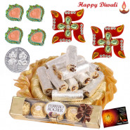 Kaju Anjir Roll Thali - Kaju Anjir Roll 250 gms, Ferrero Rocher 4 pcs, Decorative Thali, Auspicious Swastika with 4 Diyas and Laxmi-Ganesha Coin