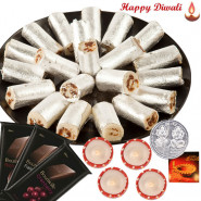 Kaju Delight - Kaju Anjir Rolls 250 gms, 3 Bournville bars with 4 Diyas and Laxmi-Ganesha Coin