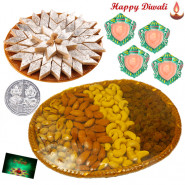Healthy Combo - Assorted Dryfruits 200 gms Basket, Kaju Katli 250 gms with 4 Diyas and Laxmi-Ganesha Coin