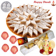 Katli with Ferrero - Kaju Katli 250 gms, Ferrero Rocher 4 pcs, Ganesh Idol with 4 Diyas and Laxmi-Ganesha Coin