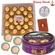 Khatta-Meetha - Ferrero Rocher 24 pcs, Danish Cookie with 4 Diyas and Laxmi-Ganesha Coin