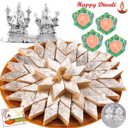 Lovely Tradition - Kaju Katli 250 gms, Silver Laxmi Ganesh 20 gms with 4 Diyas and Laxmi-Ganesha Coin
