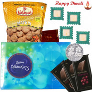 Lovely Treat - Cadbury Celebrations 121 gms, 3 Bournville, 1 Namkeen with 4 Diyas and Laxmi-Ganesha Coin