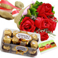 Lovely Arrangement - 12 Red Roses + Ferreo Rocher 16 pcs + Card