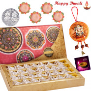 Mouthwatering Sweet - Kaju Anjir Roll 500 gms, Hanging Ganesha with 4 Diyas and Laxmi-Ganesha Coin