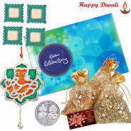 Nutty Chocolaty - 3 Dry Fruit Pouches, Celebrations, Ganesha Door Hanging with 4 Diyas and Laxmi-Ganesha Coin