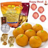 Nutty Laddoo Treat - Kaanpuri Laddoo 250 gms, 2 Haldiram Namkeen,2 Dry Fruit Pouches with 4 Diyas and Laxmi-Ganesha Coin