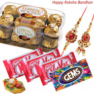 Rakhi Shagun - Ferrero Rocher 16 pcs, 3 Kitkat, 1 Gems with Bhaiya Bhabhi Rakhi Pair and Roli-Chawal