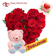 Red Heart & Teddy - 30 Red Roses Heart + Teddy with Heart 8" + Toblerone 100 gms + Card