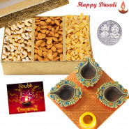 Special Dryfruits Combo - Assorted Dryfruits 400 gms, 4 Diyas on Tray with Laxmi-Ganesha Coin