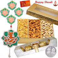 Special Nuts Hamper - Assorted Dryfruits 200 gms, Ferrero Rocher 4 pcs, Ganesha Door Hanging with 4 Diyas and Laxmi-Ganesha Coin