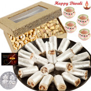 Special Sweets - Cashew Pista 200 gms, Anjir Roll 250 gms with 4 Diyas and Laxmi-Ganesha Coin