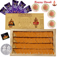 Special Diwali Hamper - Kesar Kaju Katli, 5 Dairy Milk Bars, 24 Carat Gold Plated Dhan Laxmi Varsha Note with 4 Diyas and Laxmi-Ganesha Coin
